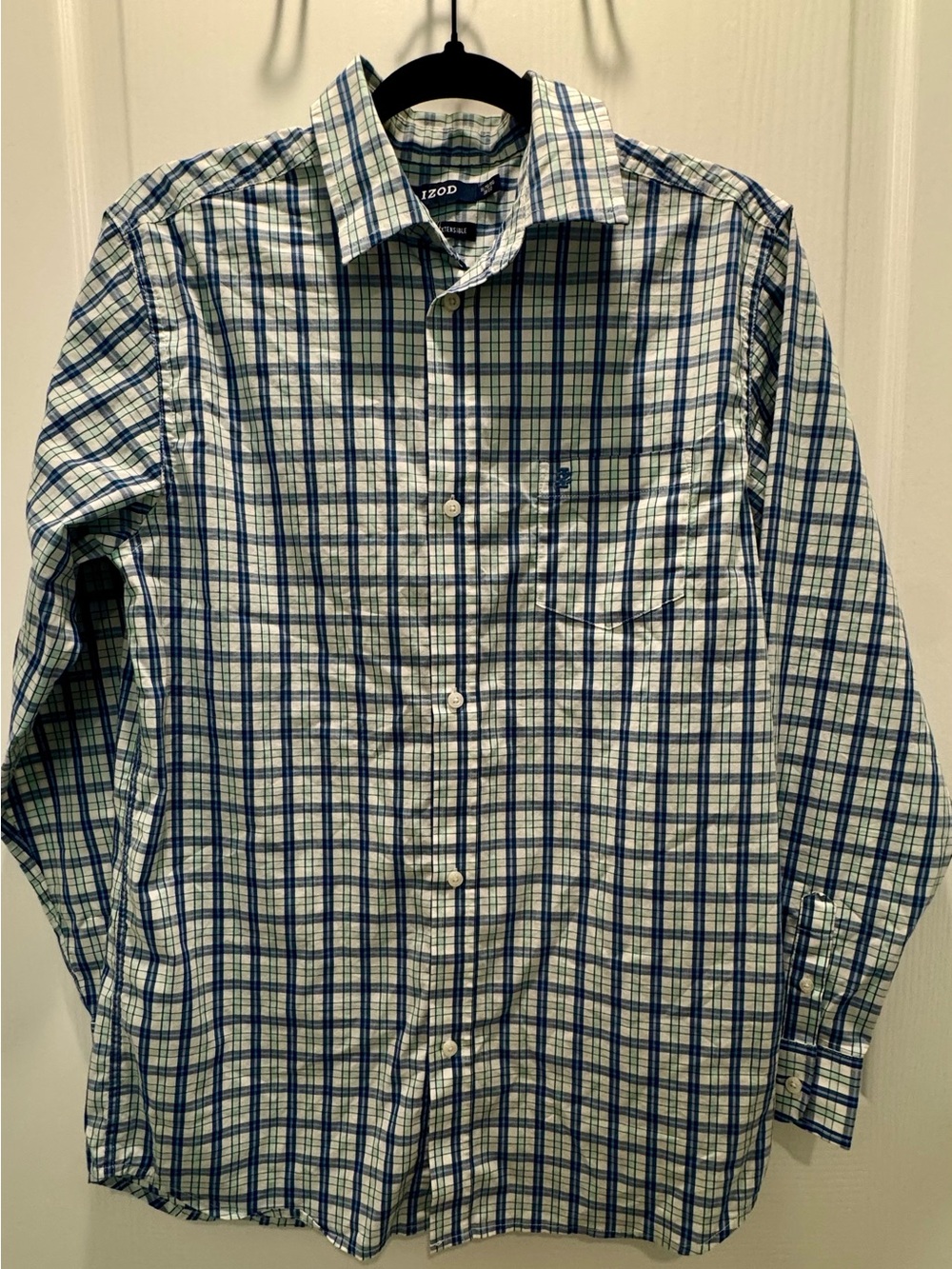 IZOD Boys XL 18/20 Blue Green Plaid Stretch Button Down Long Sleeve Shirt